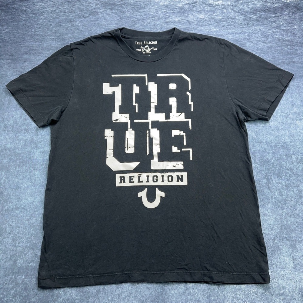 True Religion Mens World Tour Graphic T-Shirt Black White‎ Horseshoe Large